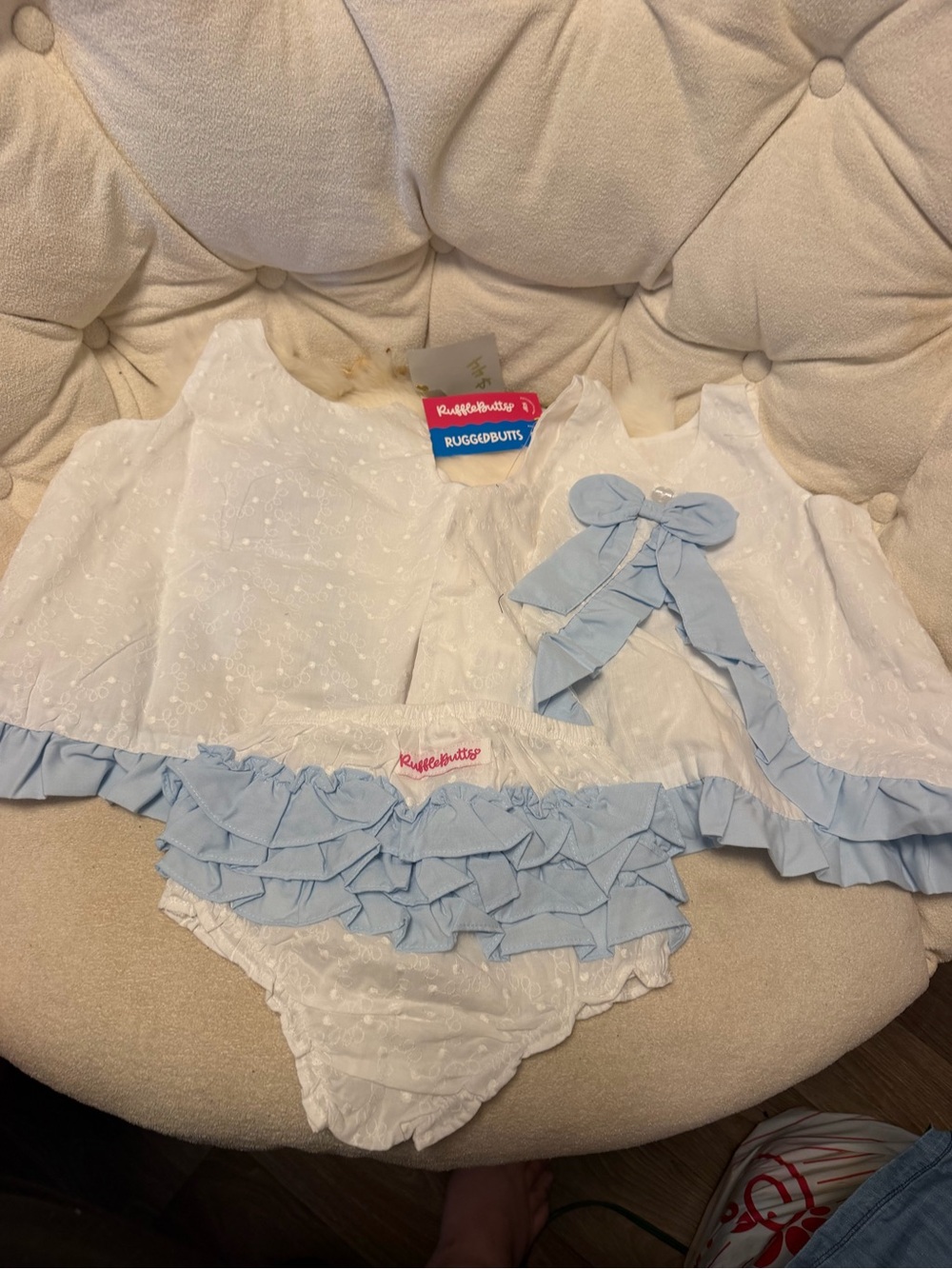 Ruffle Butts White Dress Set with Light Blue Ruffles & Bow